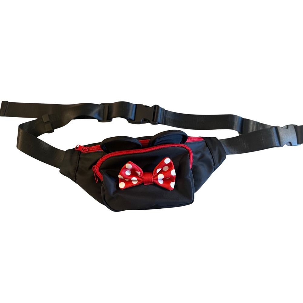 Minnie Mouse Inspired Black Nylon Waist Bag Fanny Pack with Ears and Red Bow